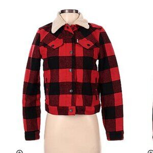 Levi's Red and Black Plaid Trucker Jacket With Sherpa Lining - M